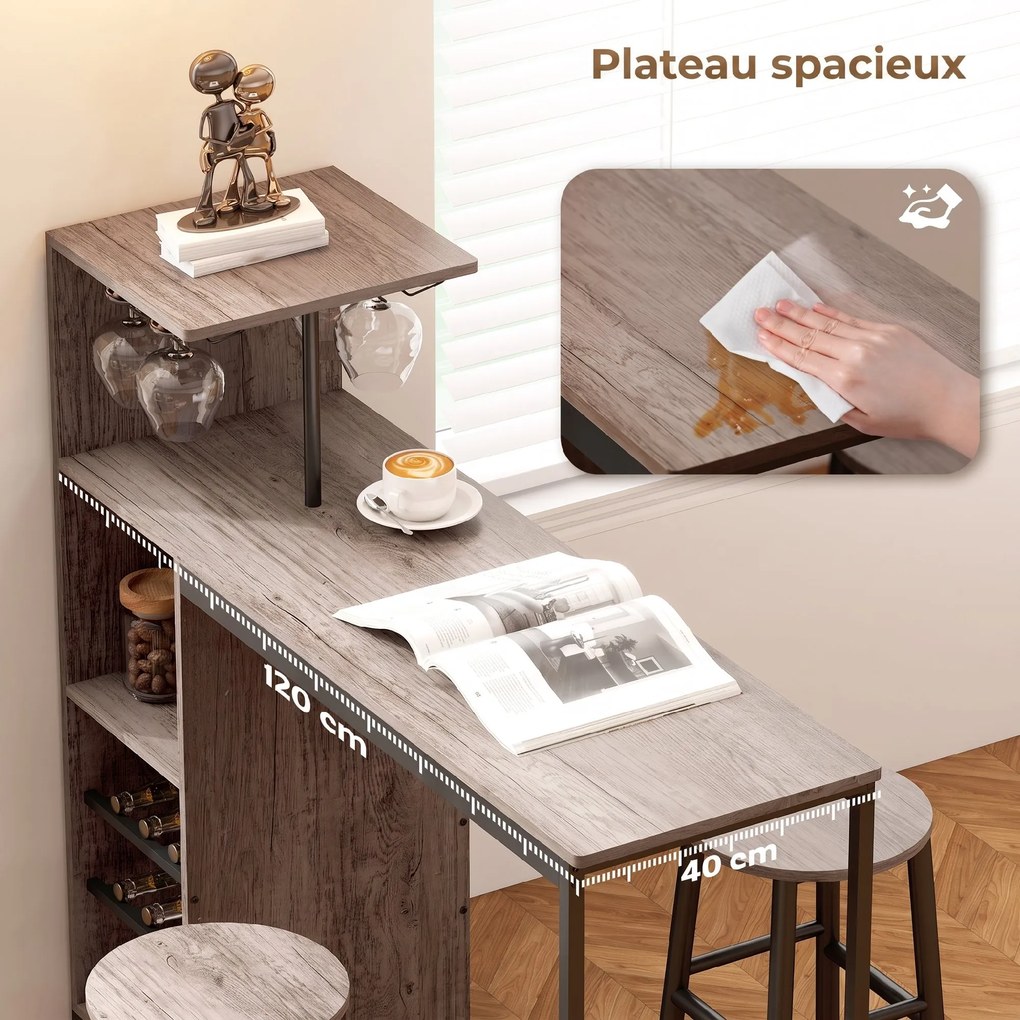 Conjunto de Mesa de Bar e 2 Bancos, 121,5 x 40 x 122 cm, Arrumação para Garrafas de Vinho, Castanho acinzento