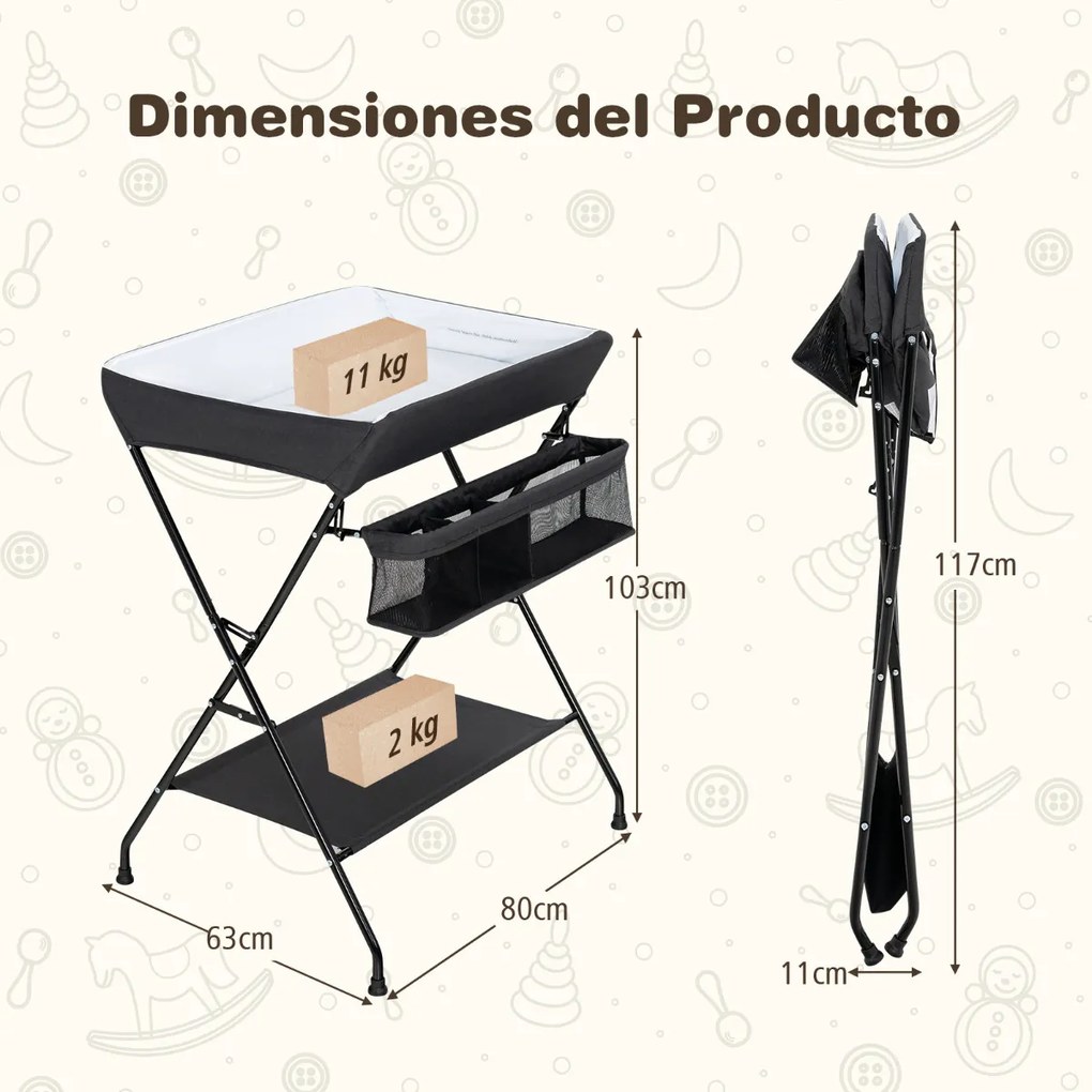 Trocador de fraldas dobrável portátil com 3 compartimentos cesto de fraldas prateleira para bebês 80 x 63 x 103 cm Preto