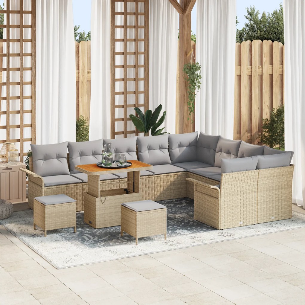Conjunto de Sofá de Jardim de 12 Peças com Almofadas Bege Vime Acácia,