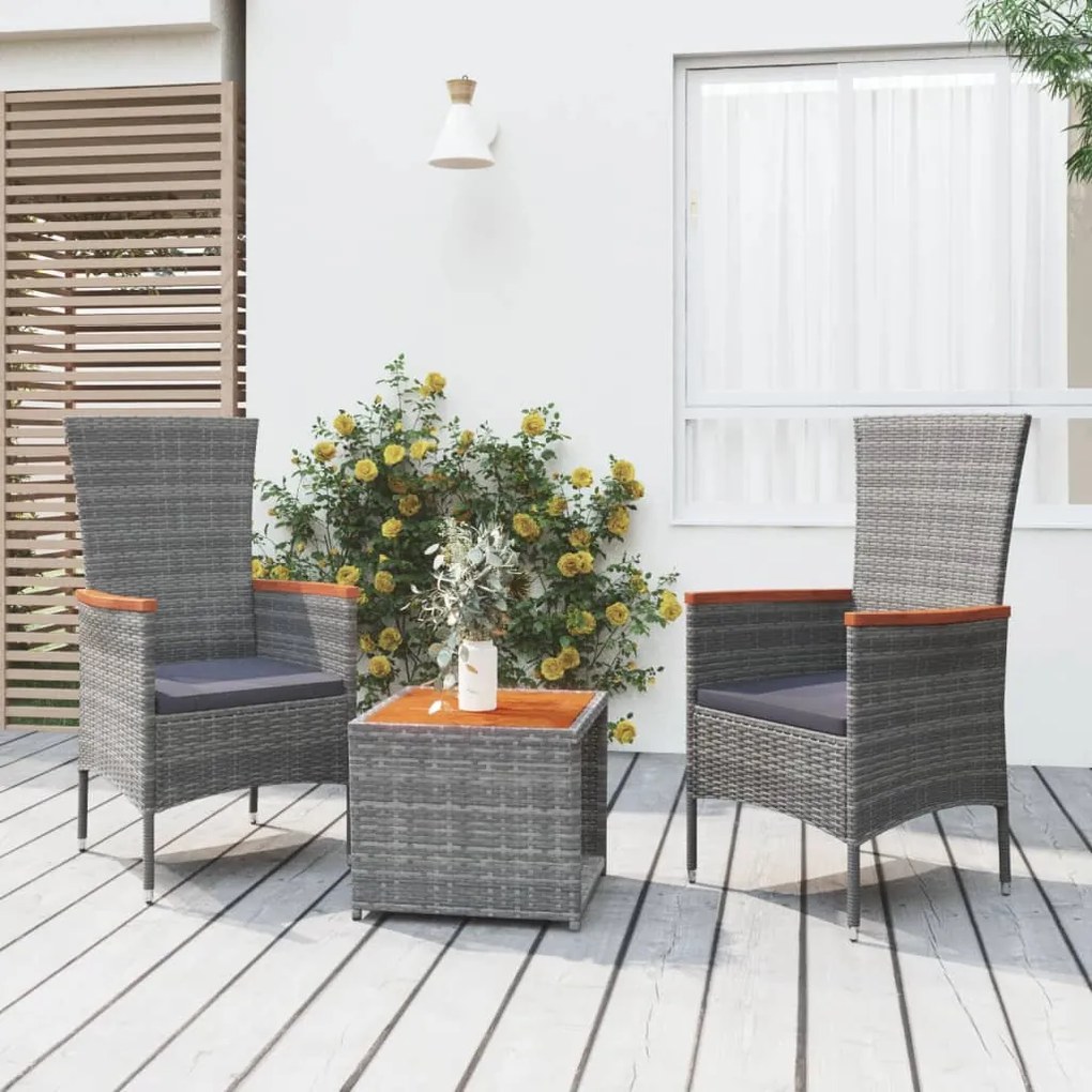 3 pcs conjunto lounge de jardim vime PE/acácia maciça cinza