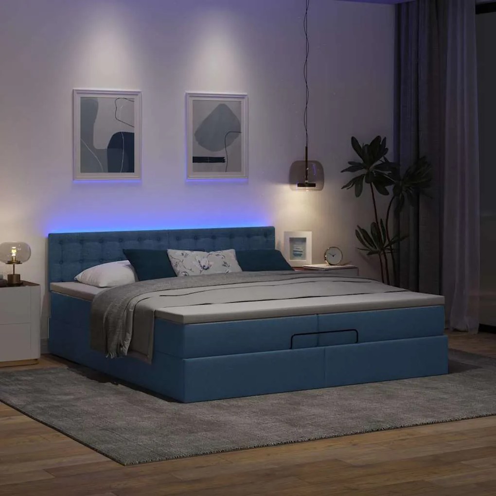 Estrutura de cama otomana com colchões 200x200cm tecido azul