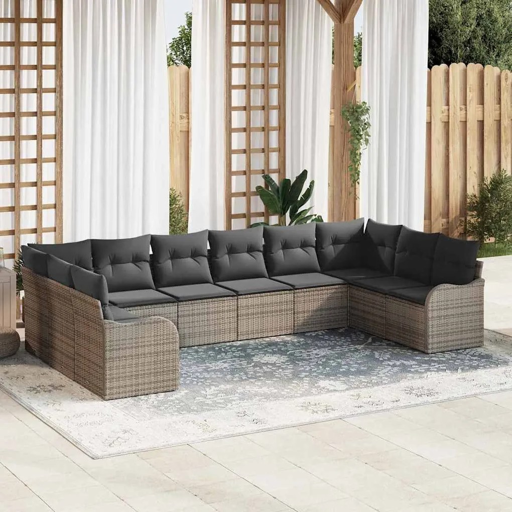 vidaXL Conjunto de Sofá de Jardim com 10 Peças e Almofadas Cinzas em Rattan de Poliéster.