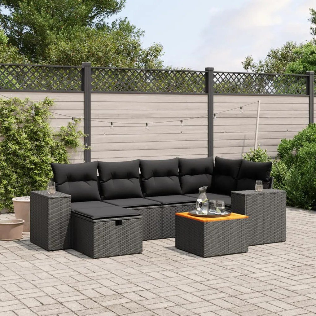 7 pcs conjunto de sofás p/ jardim c/ almofadões vime PE preto