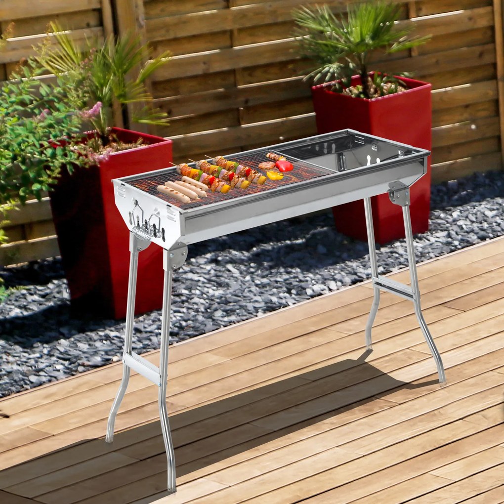 Outsunny Barbecue Portátil e Dobrável de Aço Inoxidável com Grelha Barbecue a Carvão com Ventilação para Jardim Picnic Camping 73x33x71 cm Prata