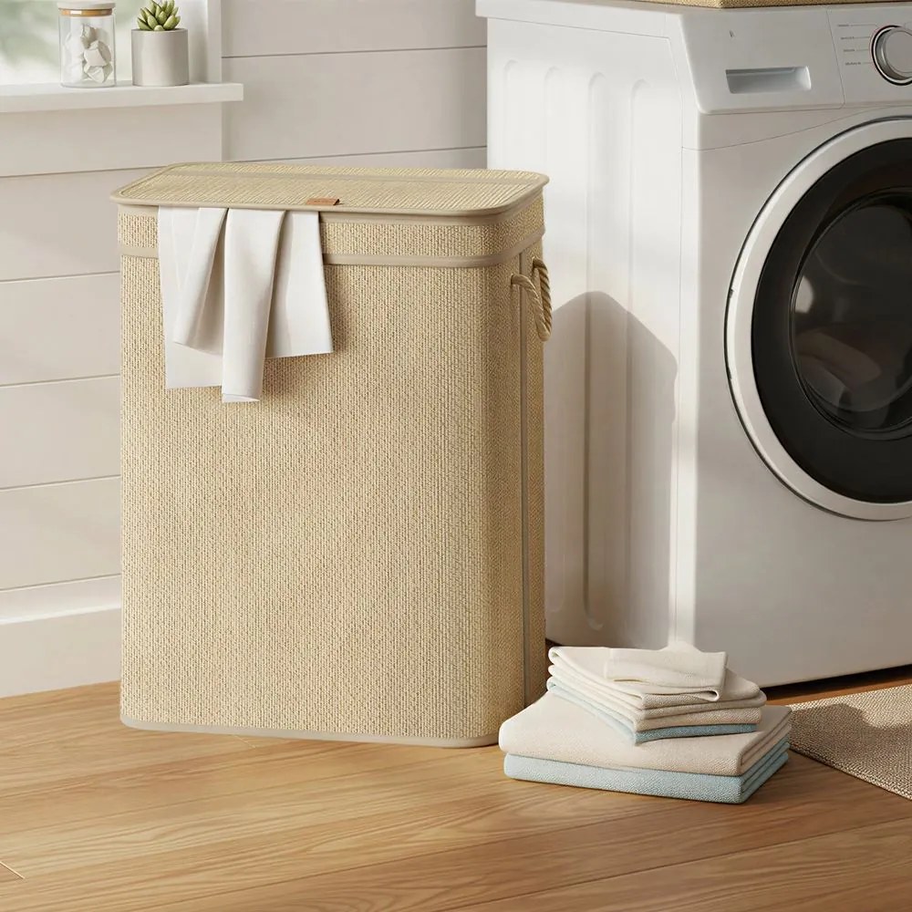 Cesto para roupa suja em bambu 90 L, saco para roupa suja removível e lavável, 49 x 33 x 61 cm natural