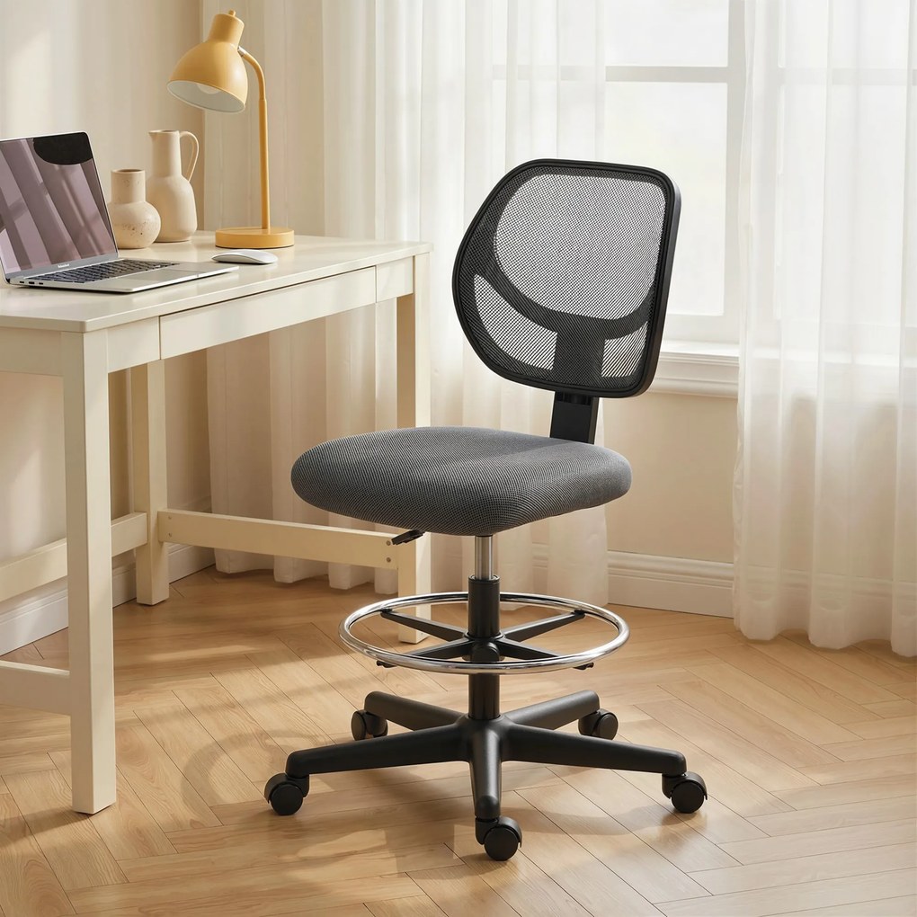 Cadeira de escritório ergonómica, com apoio para os pés, cadeira de desenho em malha, altura ajustável, cinzento escuro