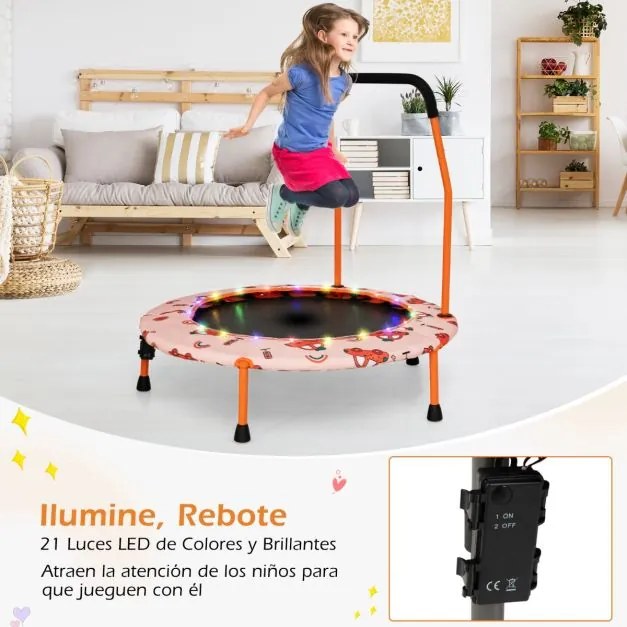 Trampolim para crianças 92 cm com luzes LED Pega de segurança Tapete de saltos redondo Cobertura 3-6 anos Laranja