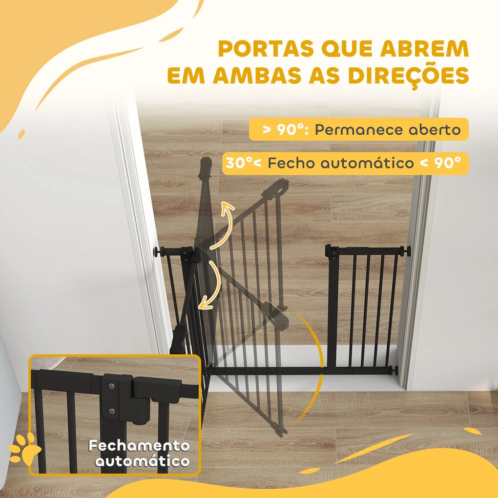Barreira de Segurança de Cães para Escadas e Portas 74-94 cm com 1 Extensão Fechamento Automático e Sistema de Duplo Bloqueio Aço Preto