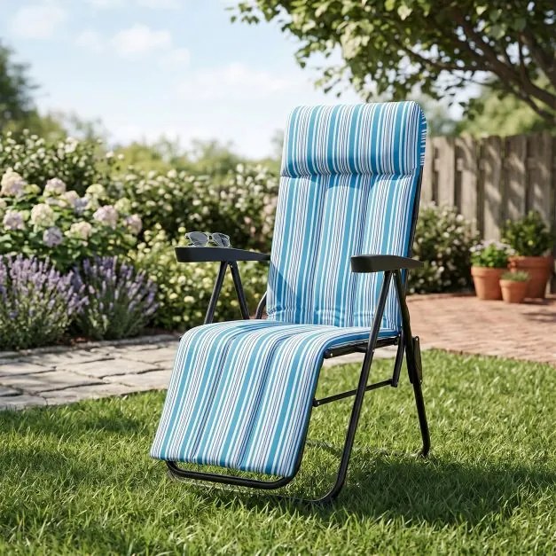Espreguiçadeira de Jardim Dobrável, 59,5 x 79 x 112 cm, Encosto de 6 Posições, Azul + Branco