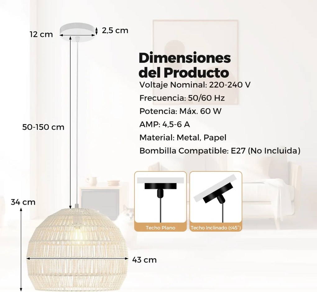 Candeeiro Teto esférico suspensa fácil de instalar, lâmpada incluída, para sala de jantar, sala de estar, quarto... 43 x 34 cm, bege