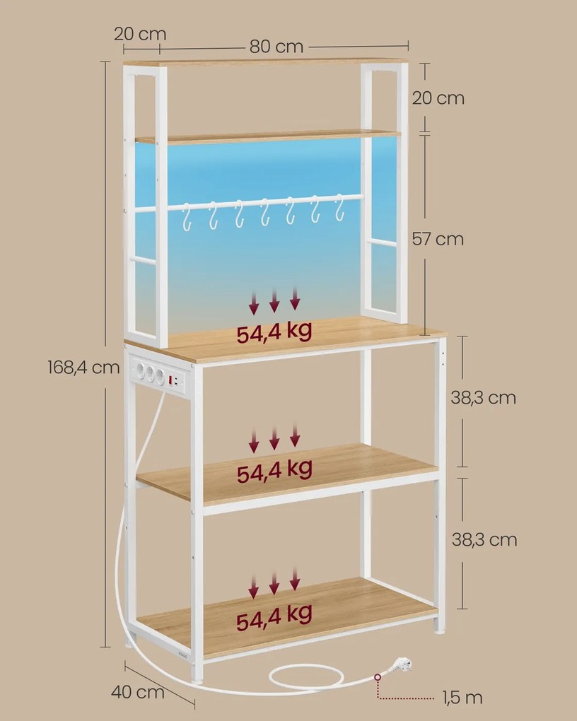 Armário de cozinha com iluminação e 3 tomadas, 1 porta USB-A e 1 porta USB-C 40 x 80 x 168,4 cm Branco e natural