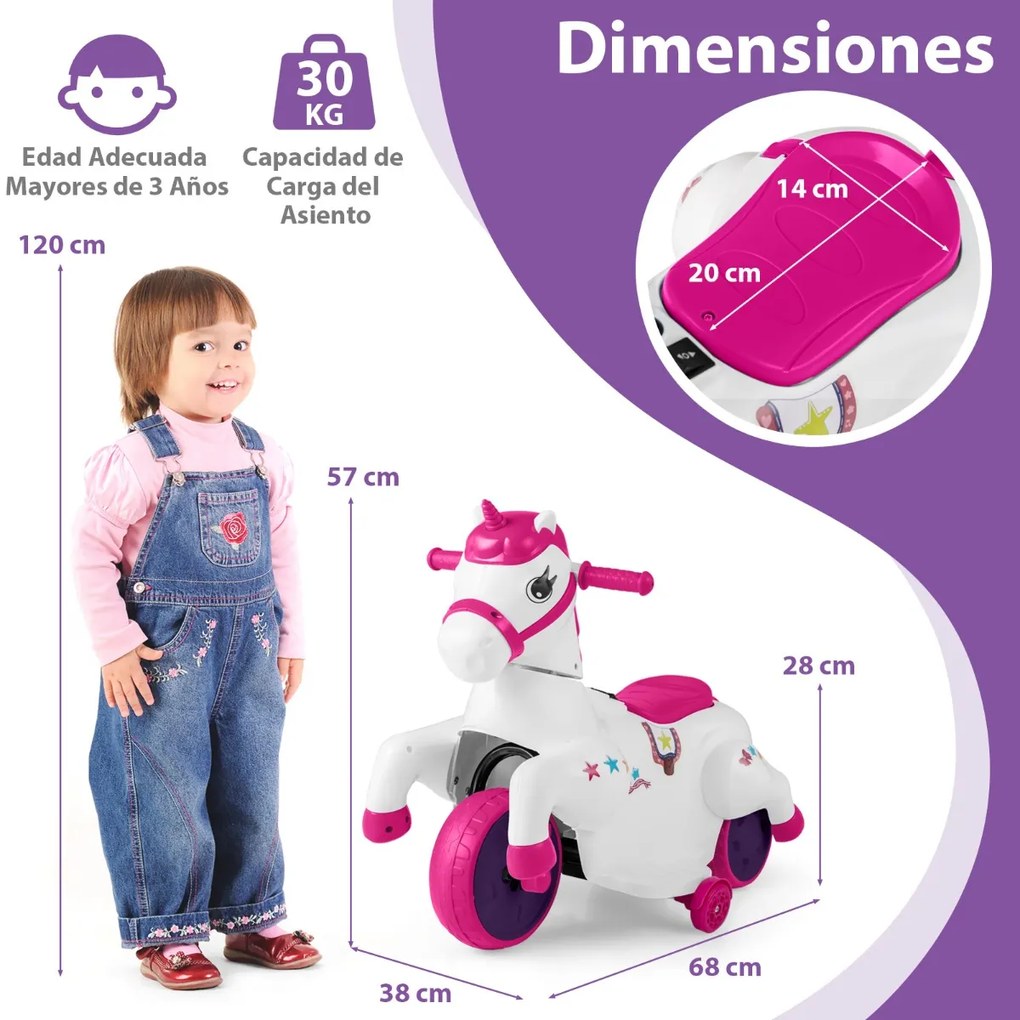 Unicórnio de 12V elétrico para crianças com pónei de unicórnio com rodas Modo de equitação com música Arranque por botão Rosa