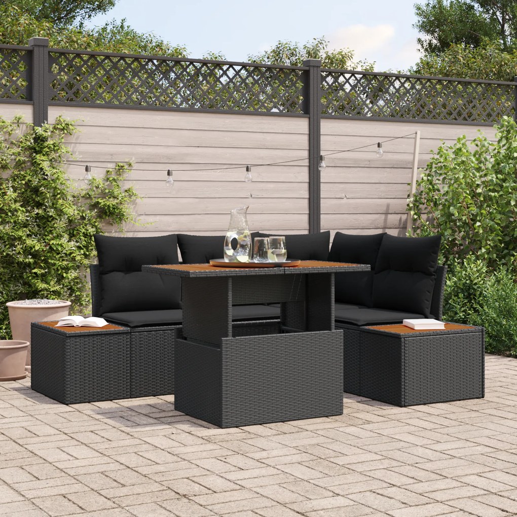 Conjunto de Sofá de Jardim de 5 Peças com Almofadas Preto de Rattan Po