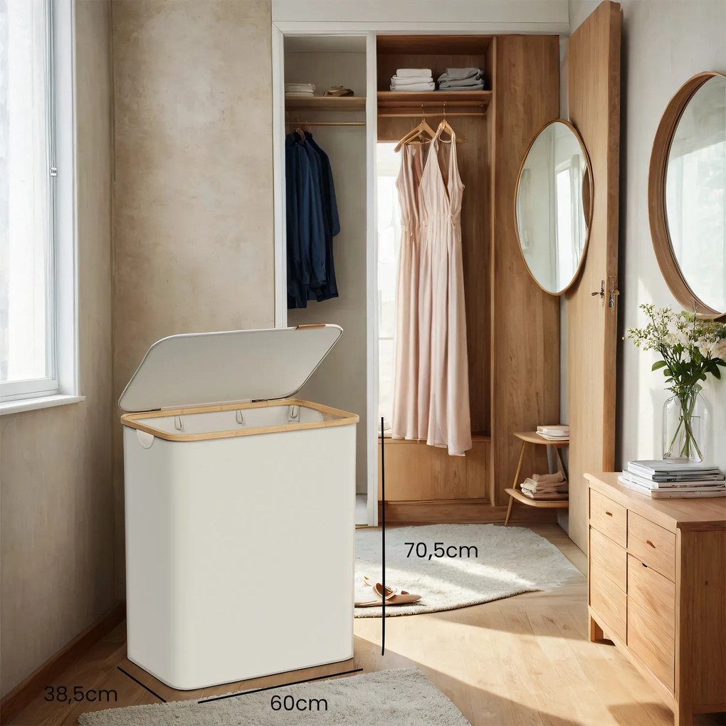 Cesto de bambu para roupa suja de 150 litros com 3 compartimentos 60 x 38,5 x 70,5 cm branco