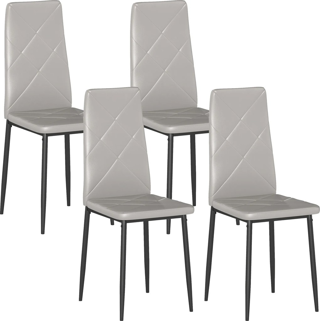 HOMCOM Conjunto de 4 Cadeiras de Sala de Jantar Estofadas em Couro Sintético com Encosto Alto e Pés de Aço 41x50x97 cm Cinza | Aosom Portugal