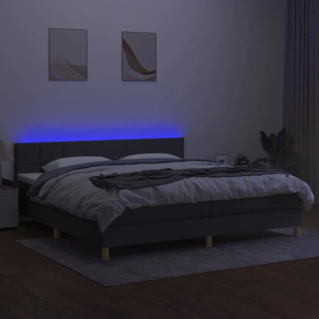 Cama box spring c/ colchão e LED 200x200 cm tecido cinza-escuro