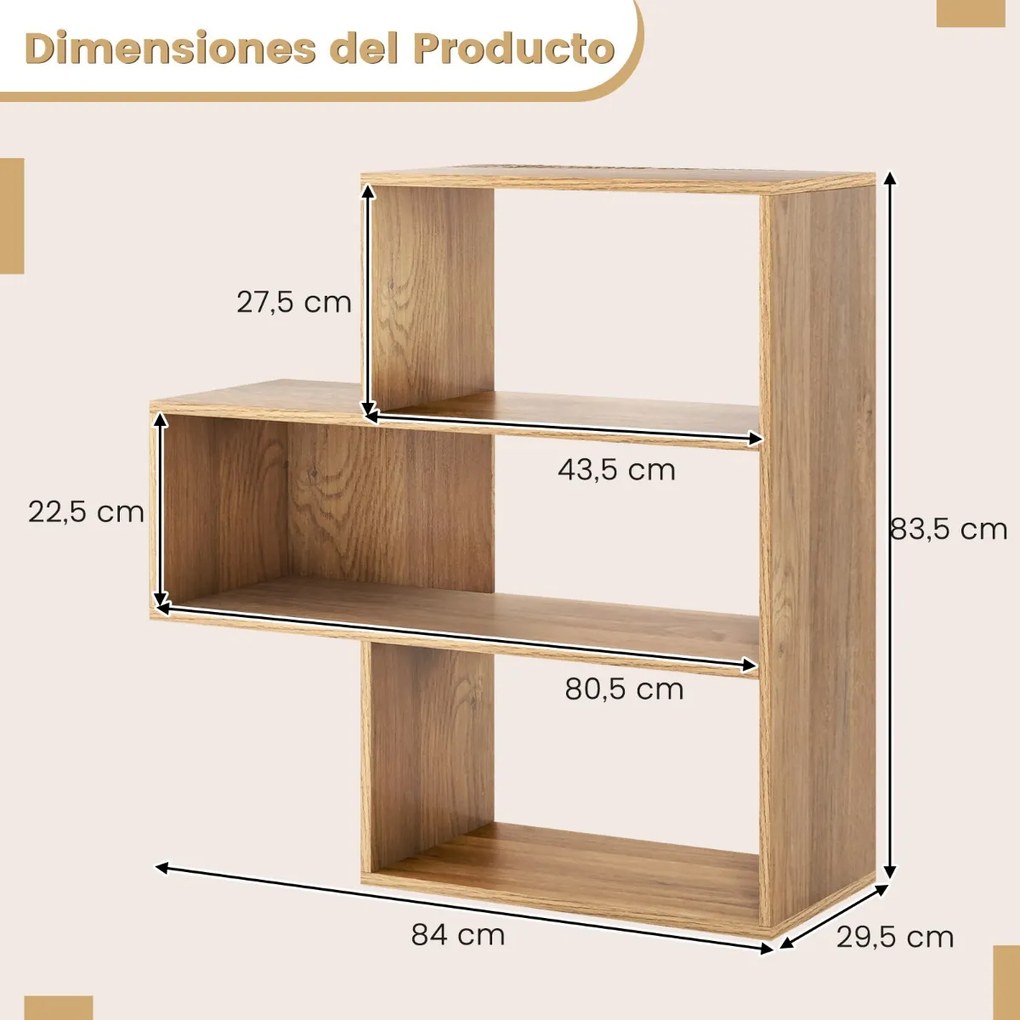 Estante aberta 84 x 29,5 x 83,5 cm com 3 prateleiras para livros Sala Quarto Estúdio Escritório Natural