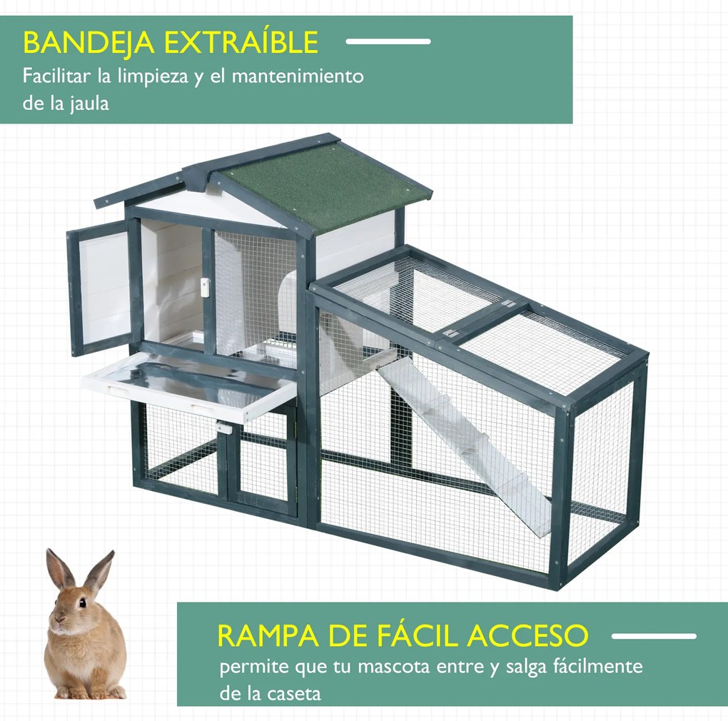 PawHut Gaiola de madeira para coelhos ao ar livre 2 níveis com bandeja removível e várias entradas telhado asfáltico Galinhas cobaias 140x65x100 cm Verde
