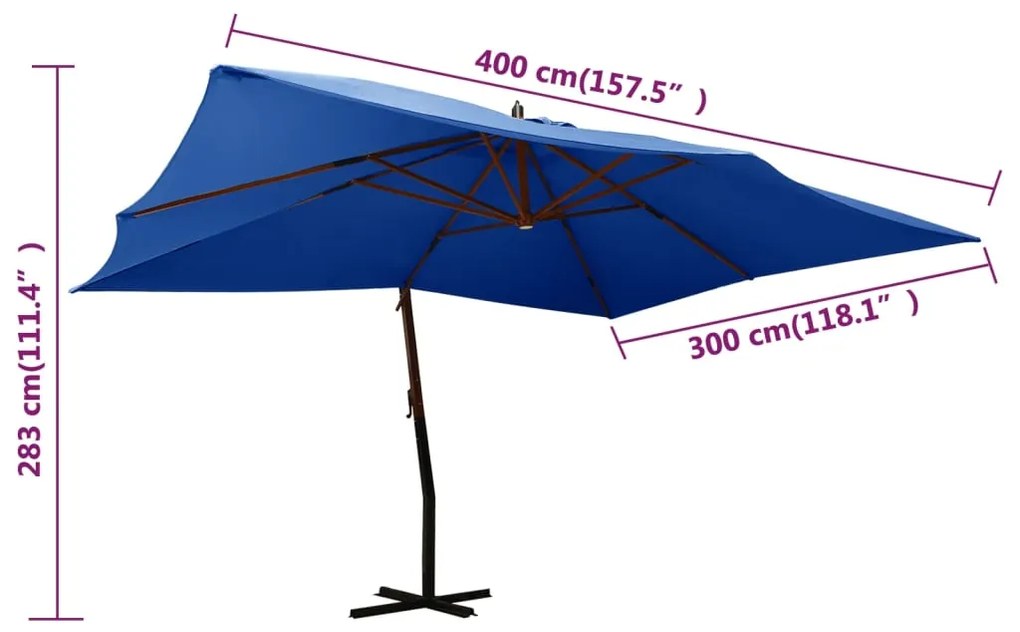 Guarda-sol cantilever c/ poste de madeira 400x300 cm azul