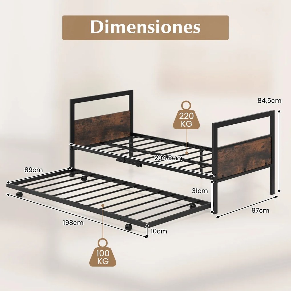 Cama de solteiro de metal 90 x 200 CM com cabeceira e estribo Pernas dobráveis Estrutura de cama com ripas de metal Castanho