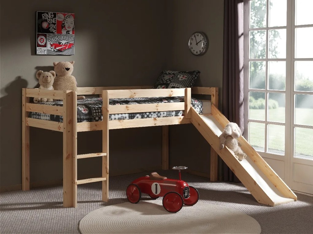 Conjunto Cama alta de Criança PINO 90 x 200 cm + estrado + escada + escorrega Natural