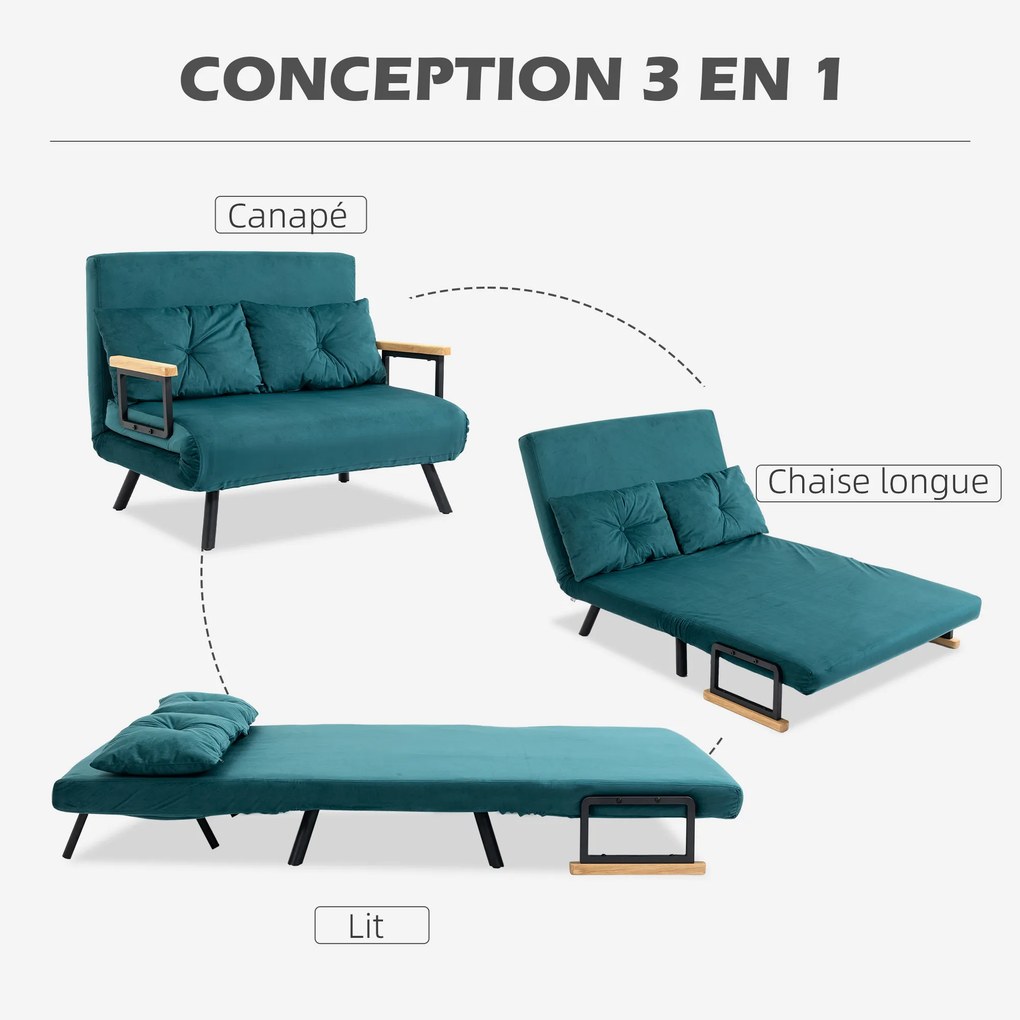 Sofá-cama de 2 lugares 102 C x 73 P x 81 A cm com encosto ajustável em 5 posições e 2 almofadas estofadas, revestimento em veludo, verde-pato
