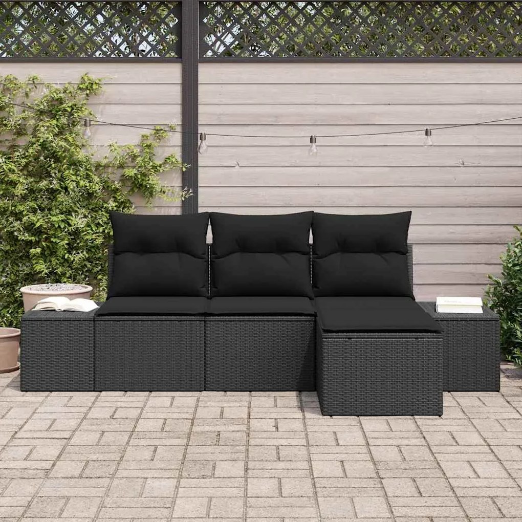 Conjunto de Sofá de Jardim com 4 Peças e Almofadas Pretas em Rattan Po