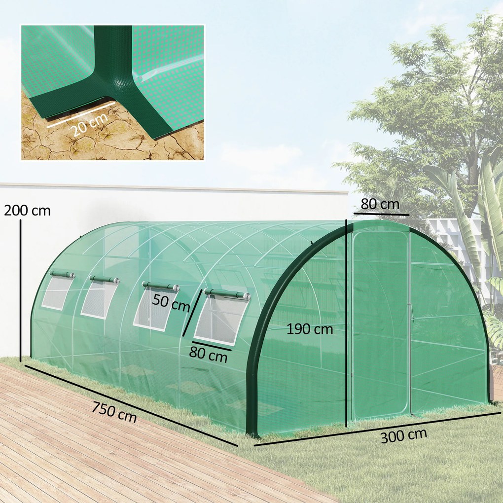 Estufa de jardim tipo túnel 6 x 3 x 2 m, 18 m², 8 janelas, 2 portas articuladas, lona de PE, estrutura em ferro galvanizado verde