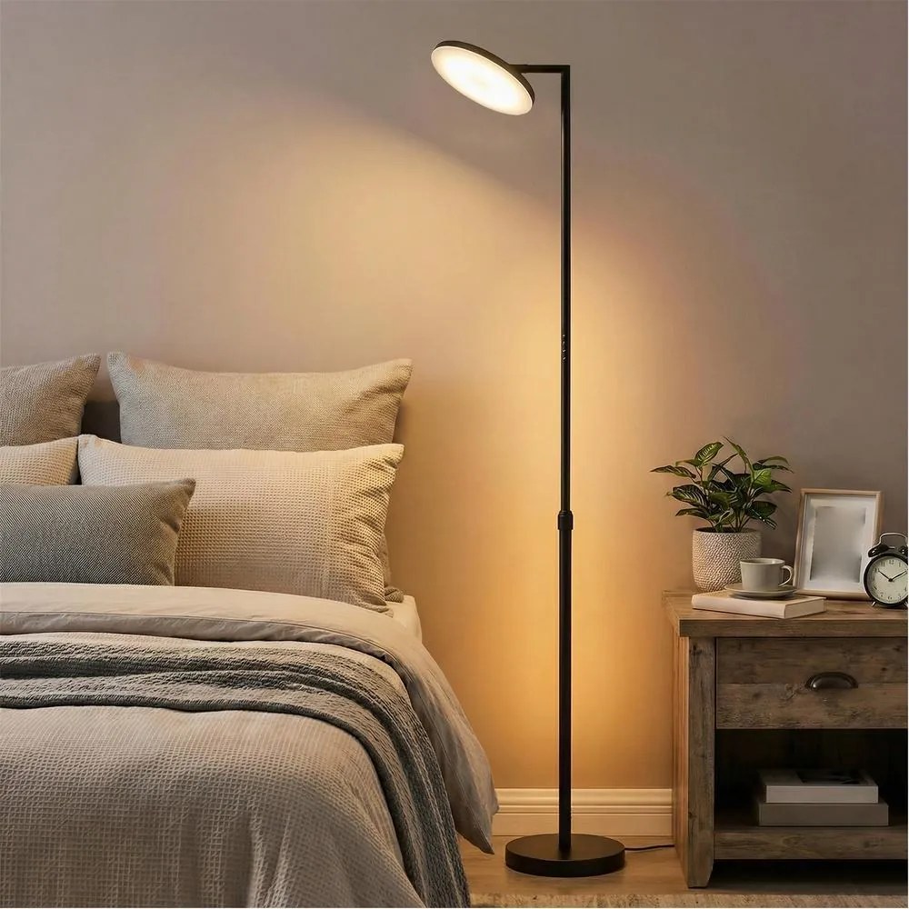 Candeeiro de pé LED com altura ajustável 25 x 25 x (148-176) cm, candeeiro de pé com cabeça giratória, temporizador preto