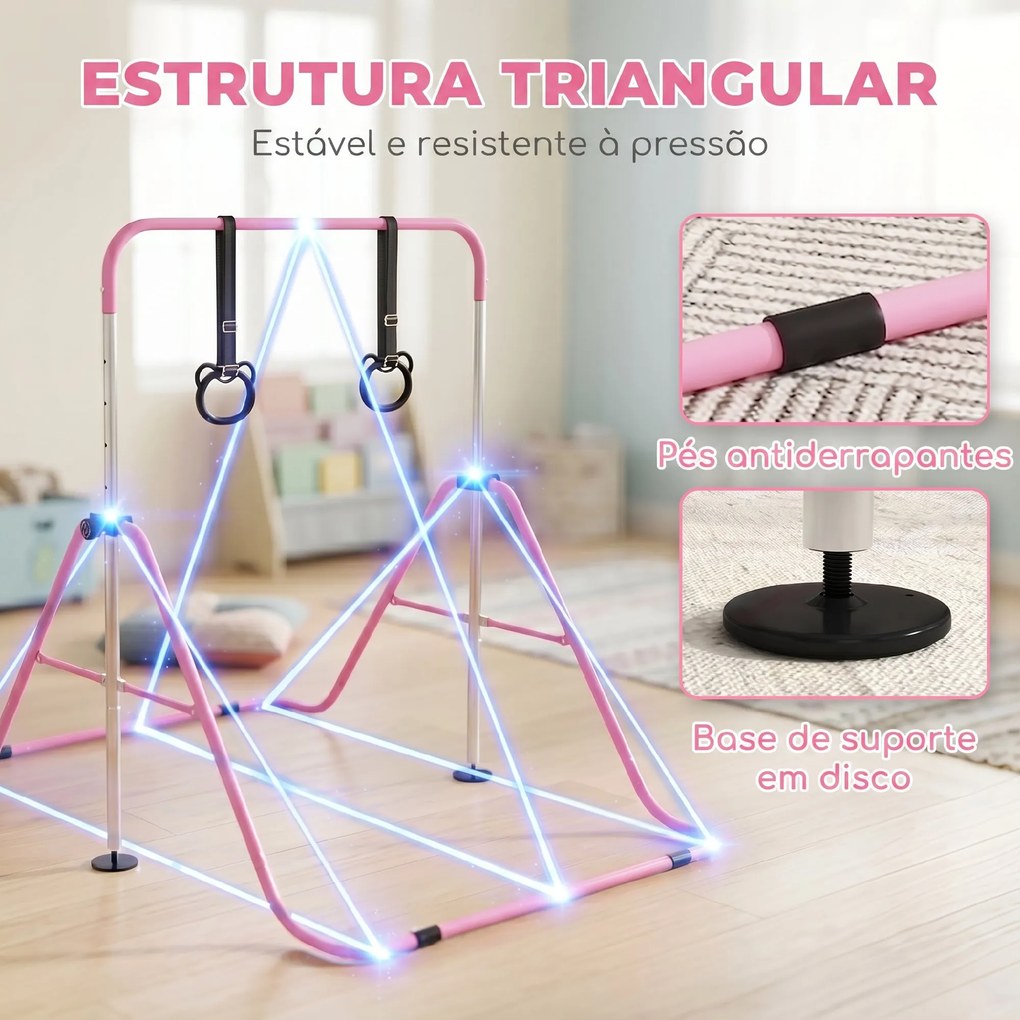 Barra de Ginástica para Crianças com Altura Ajustável em 5 Níveis Anéis e Dobrável 148x105x88-128 cm Rosa