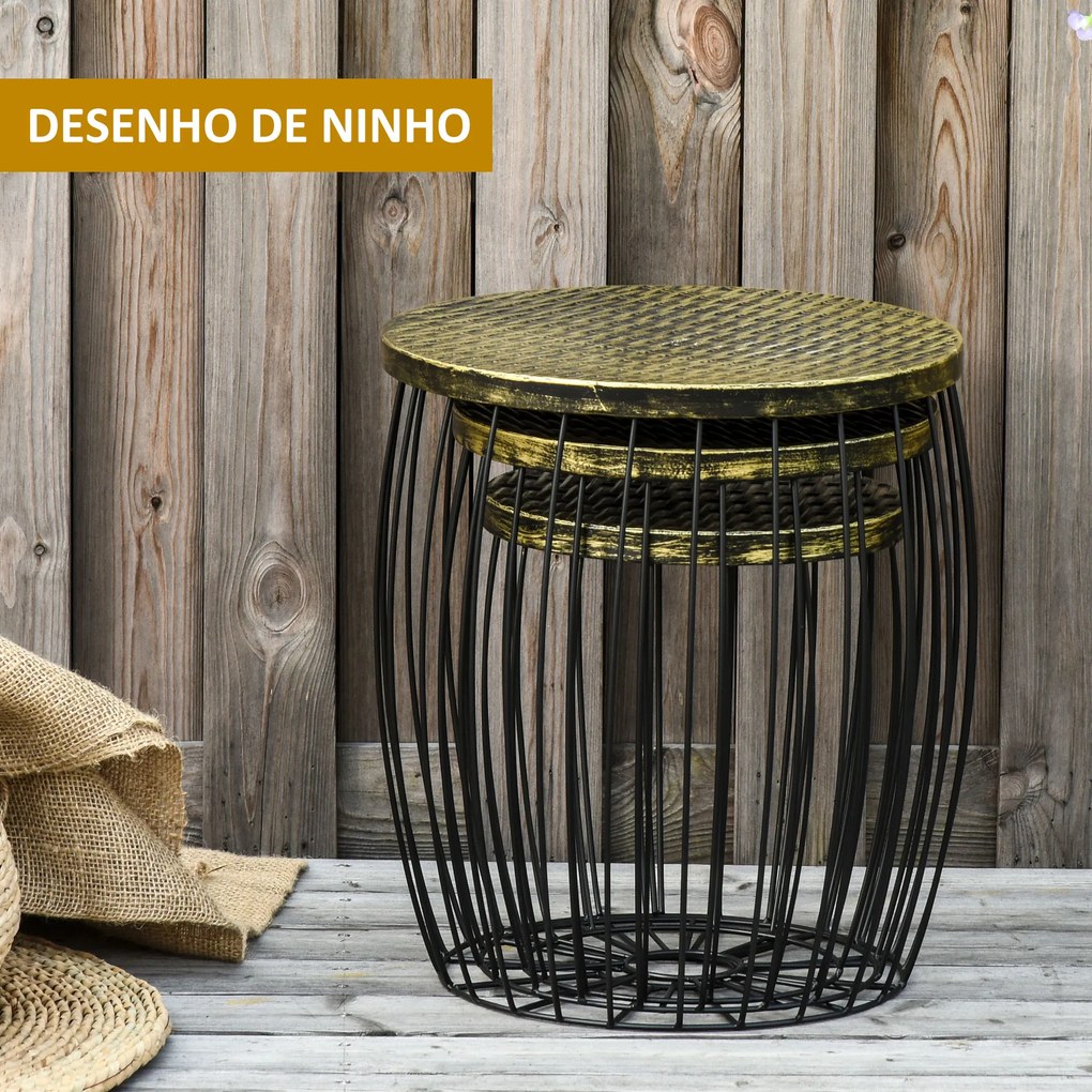 Conjunto de 3 Mesas de Jardim Empilháveis Mesas Auxiliares Redondas com Estrutura Metálica e Tampo Imitação Vime Preto