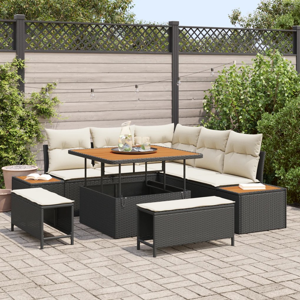 Conjunto de Sofá de Jardim de 8 Peças com Almofadas Rattan Preto Acáci