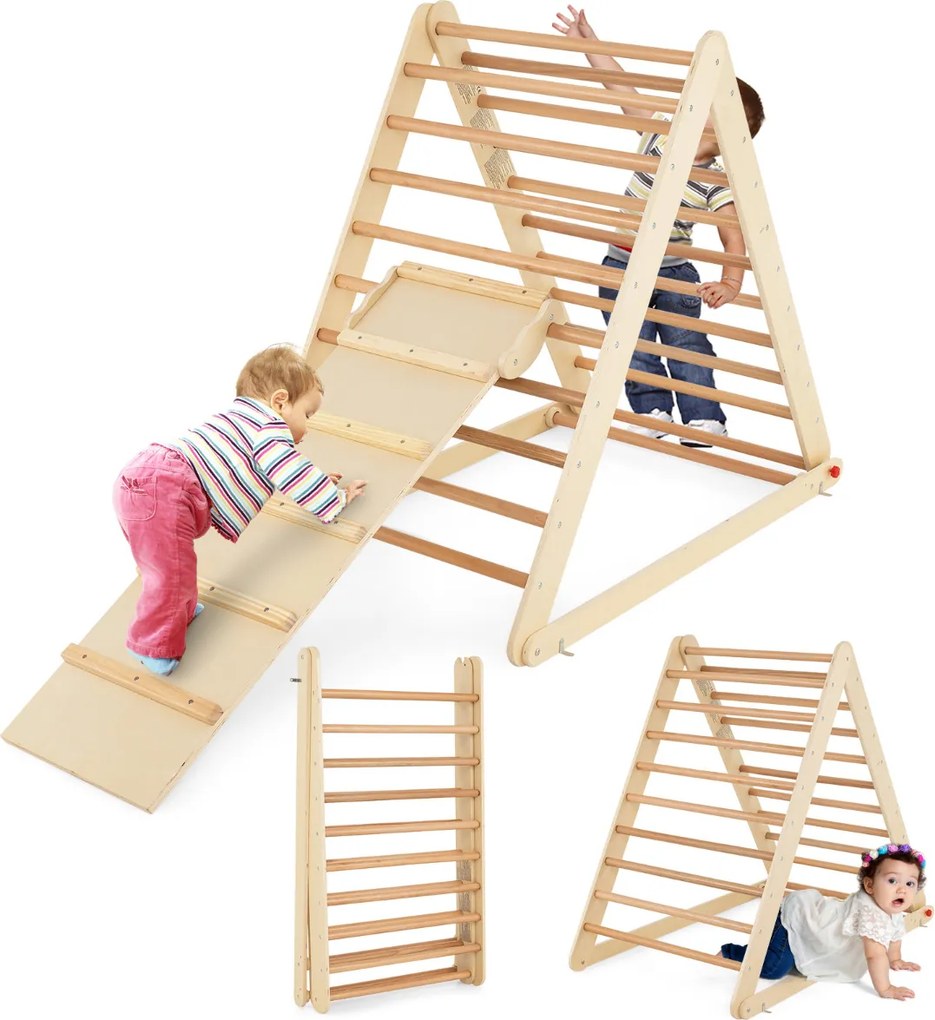 Escada triangular dobrável de madeira para crianças dos 6 meses aos 6 anos para a casa e o quarto das crianças 122 x 71 x 110 cm Natural