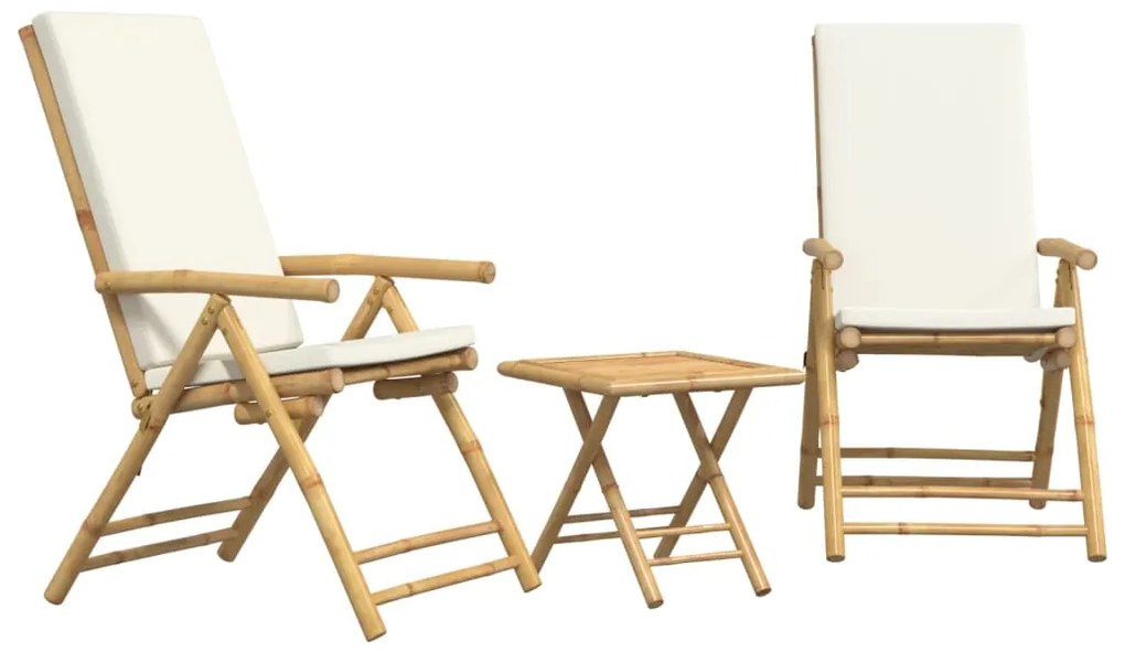3 pcs conjunto bistrô dobrável c/ almofadões branco nata bambu