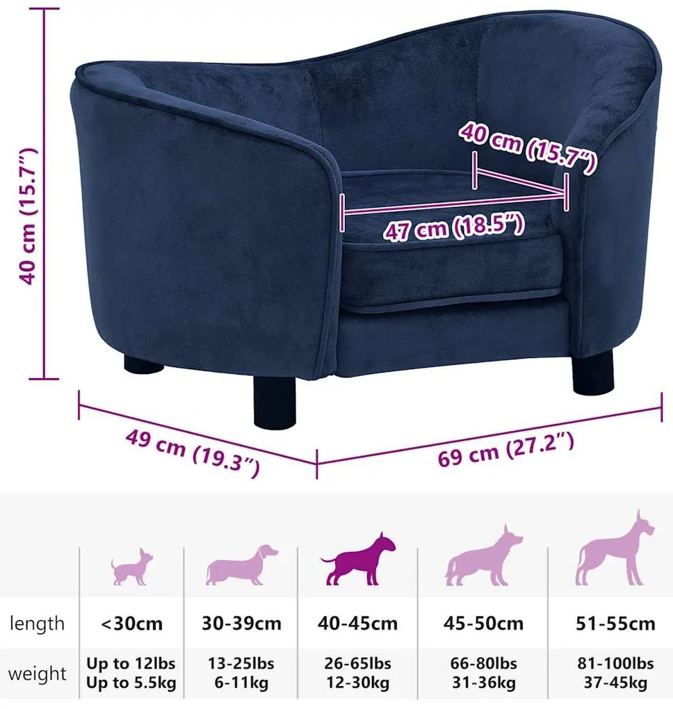 Sofá para cães 69x49x40 cm pelúcia azul