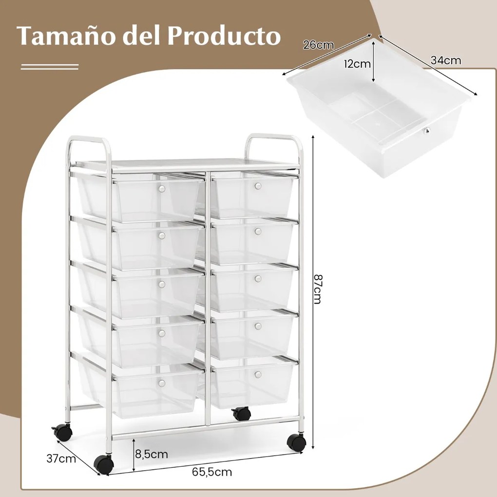 Carrinho móvel multiusos com 10 gavetas organizador multiusos com rodas 65,5 x 37 x 87 cm - transparente