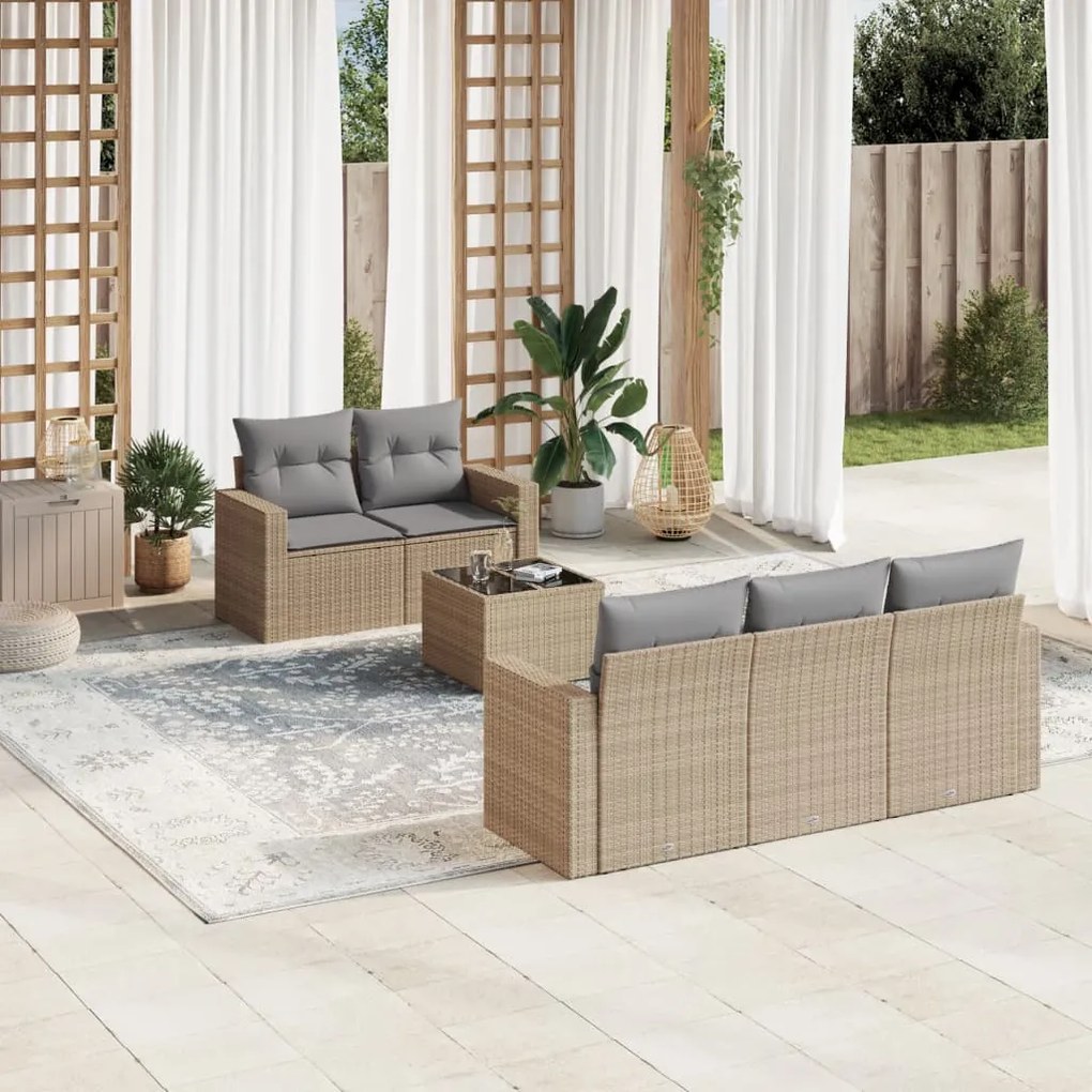 6 pcs conjunto de sofás p/ jardim com almofadões vime PE bege