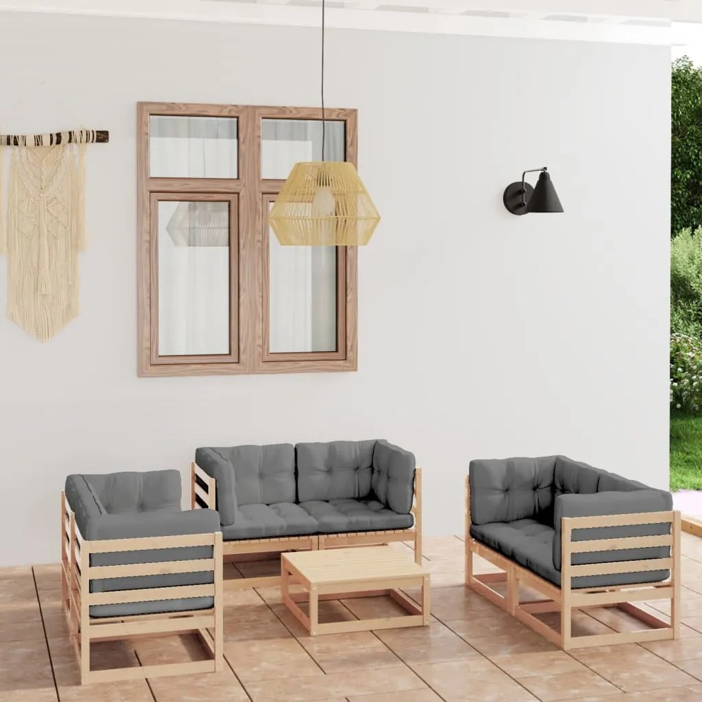 vidaXL 7 pcs conjunto lounge de jardim c/ almofadões pinho maciço