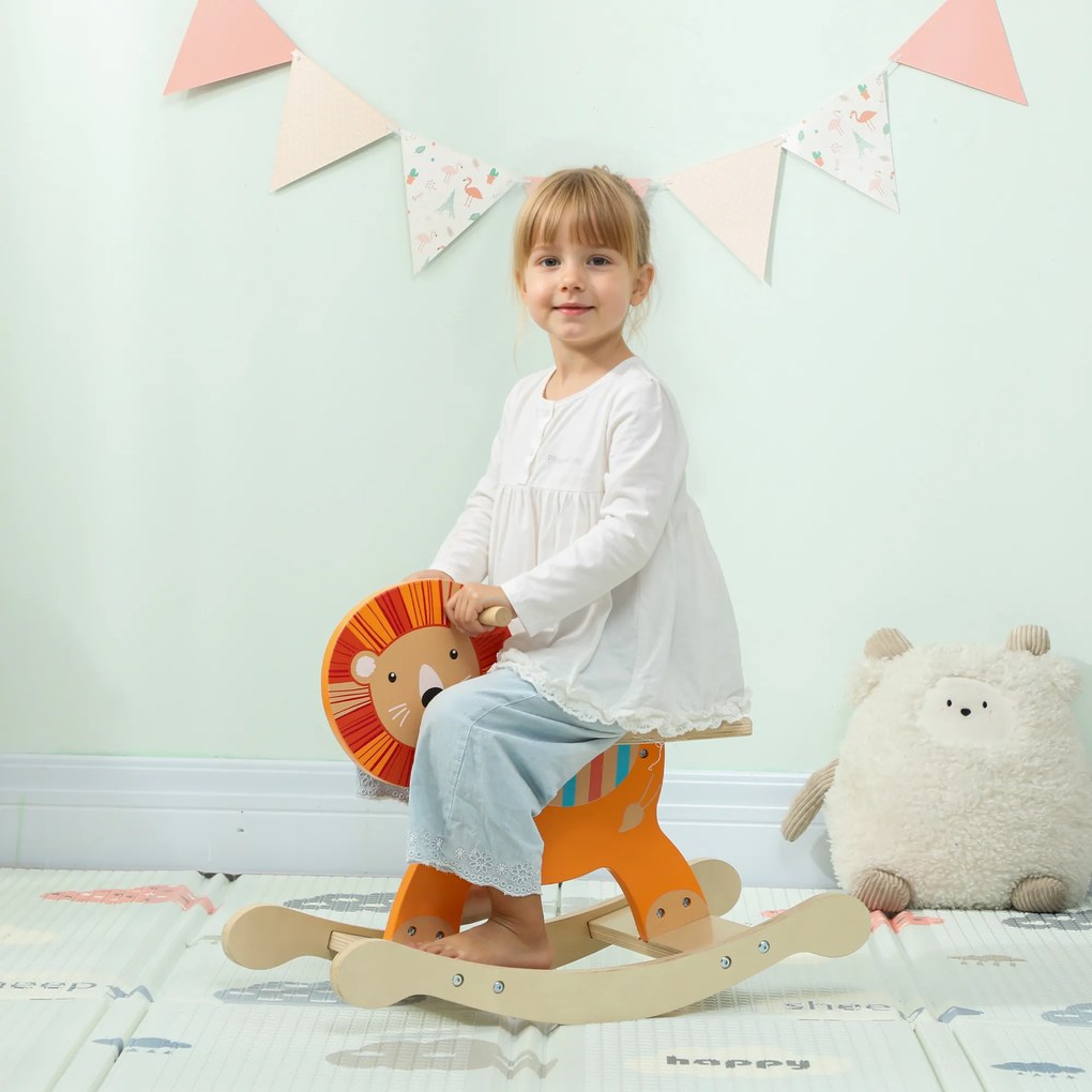 Cavalo de balanço para crianças, leão de brincar de balanço para bebés em madeira com guiador e base estável, 59 x 27 x 43 cm, laranja