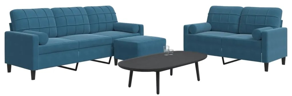 3 pcs conjunto de sofás com almofadões e rolos veludo azul