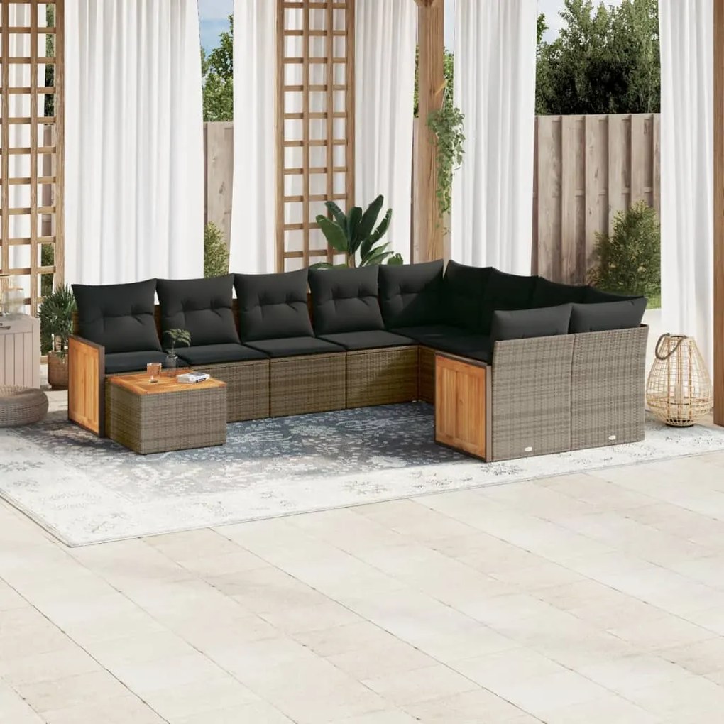 10 pcs conjunto sofás de jardim c/ almofadões vime PE cinzento