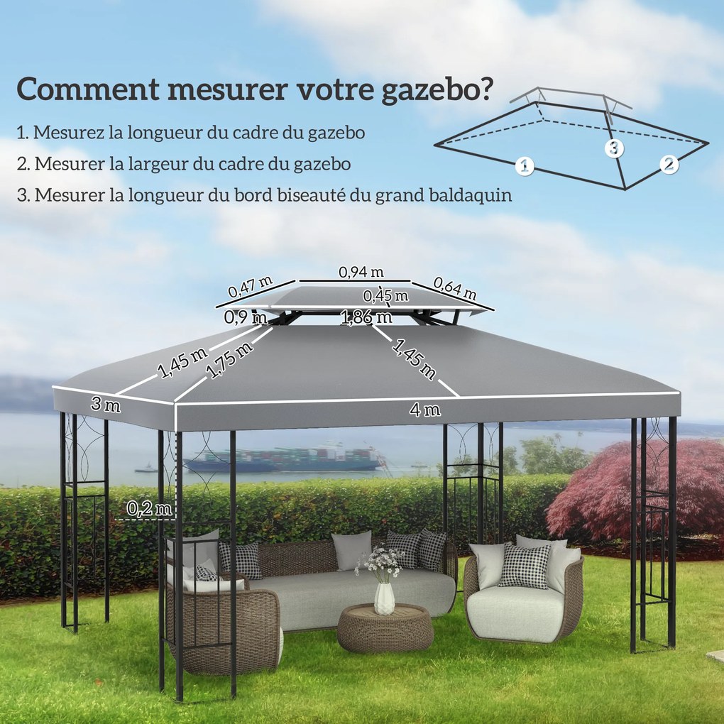 Lona de substituição para toldo de tenda 3 x 4 m (NÃO INCLUÍDA), em poliéster de alta densidade, 180 g/m², cinzento claro