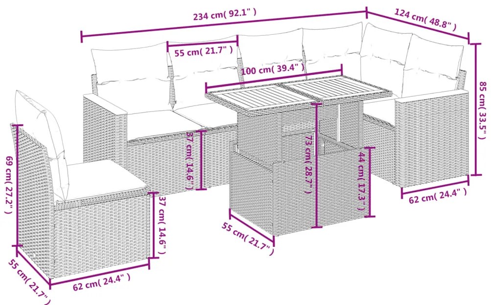 7 pcs conjunto de sofás p/ jardim c/ almofadões vime PE preto