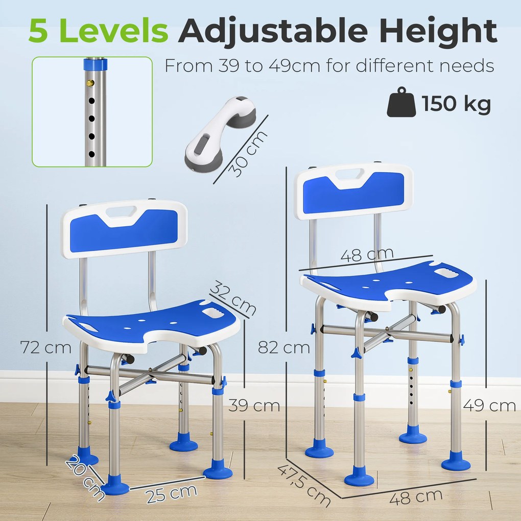 Cadeira de Duche para Pessoas Idosas Antideslizante com Altura Ajustável em 5 Posições Suporte para Duche de Mão 48x47,5x72-82 cm Azul