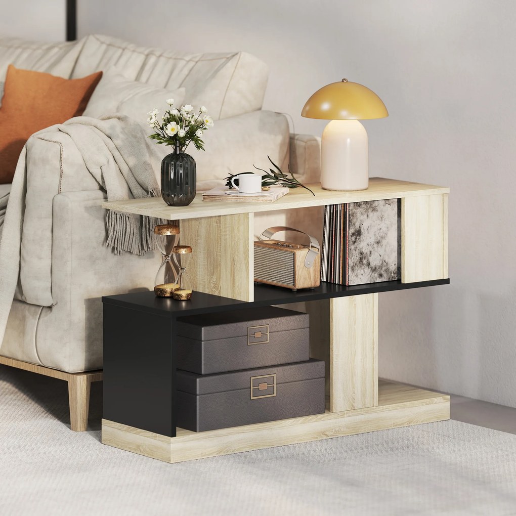 Mesa auxiliar em forma de S, com 3 prateleiras de arrumação, 90 x 30 x 61 cm, efeito de madeira natural preta