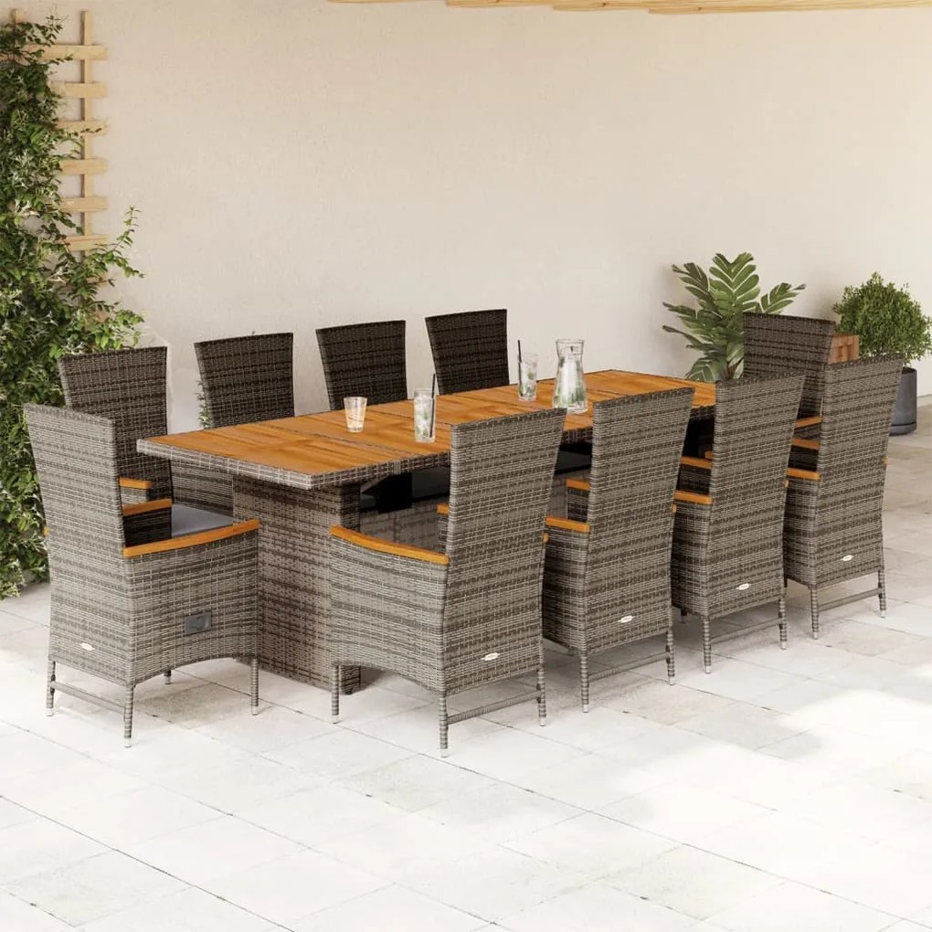 vidaXL 11 pcs conjunto jantar p/ jardim c/ almofadões vime PE cinzento