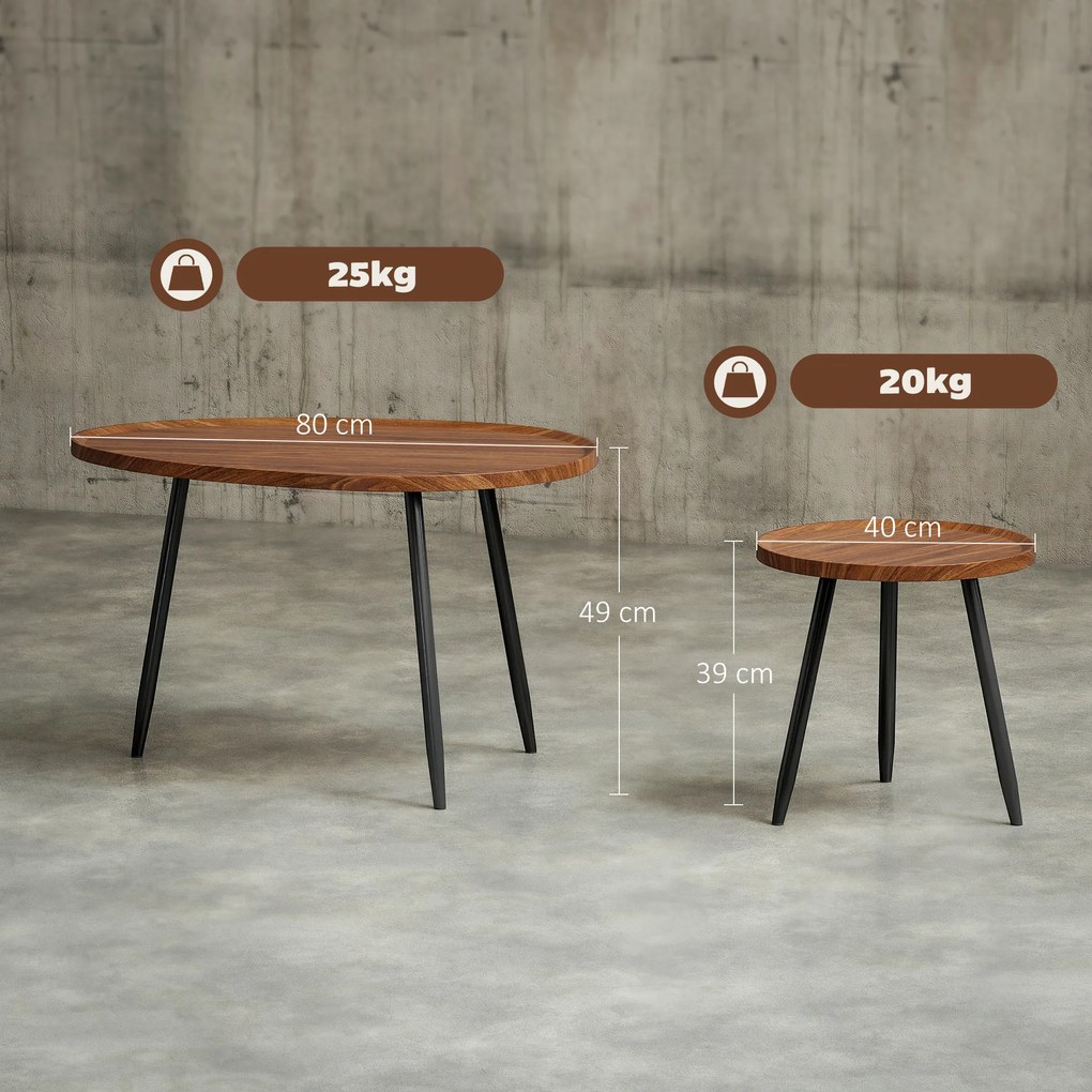 Conjunto de 2 Mesas Auxiliares com Pés de Metal 80x55x49 cm e Ø40x39 cm Madeira e Preto