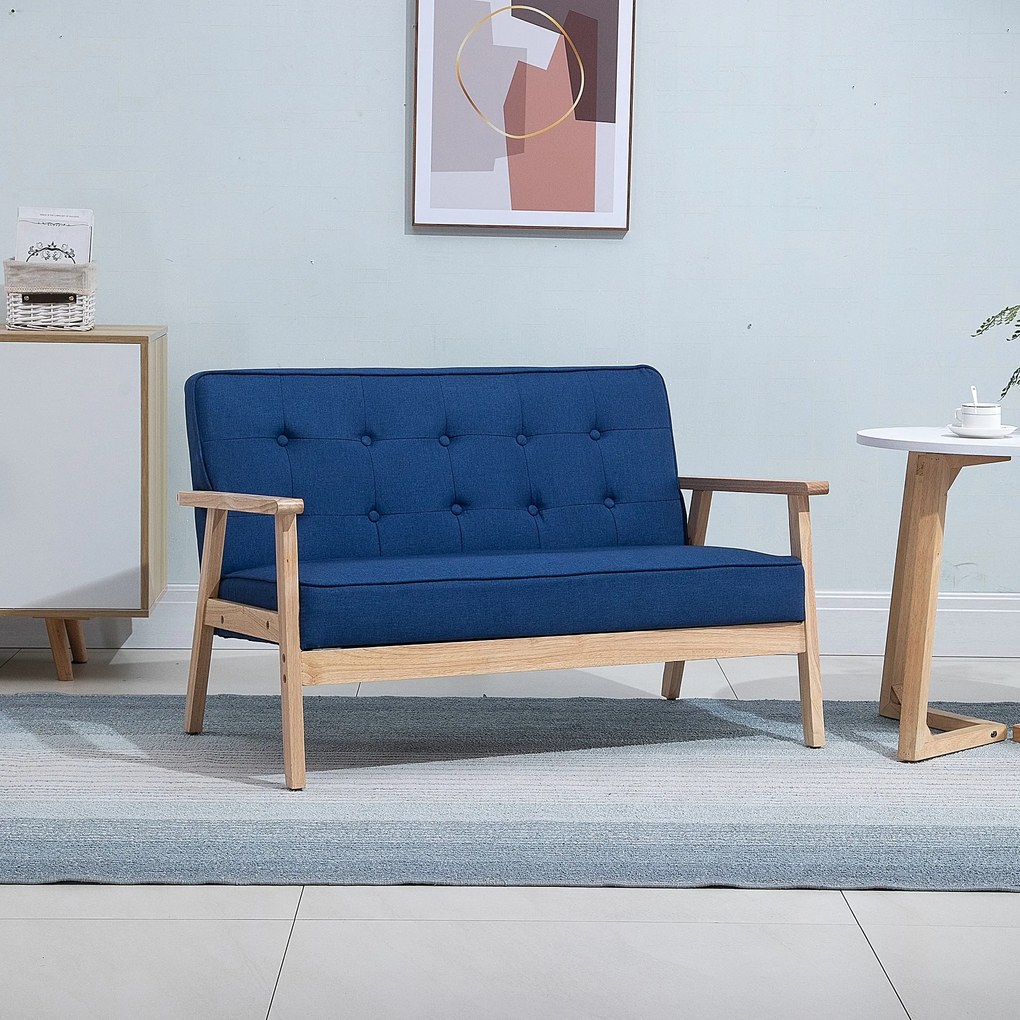 HOMCOM Sofá de 2 Lugares com Encosto e Almofadas Acolchoados Pés de Madeira Antiderrapantes para Sala de estar Dormitório Oficina 114x61x71 cm Azul