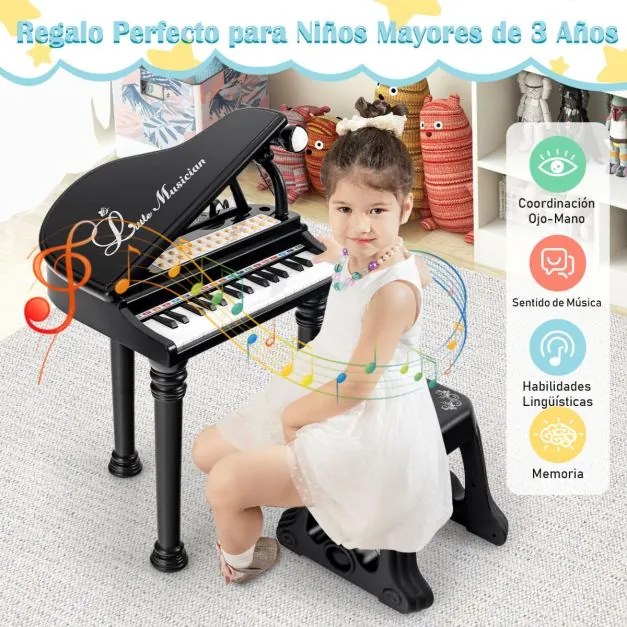 Piano eletrónico para crianças de 31 teclas com banco portátil com microfone LED 35 x 30 x 55 cm Preto