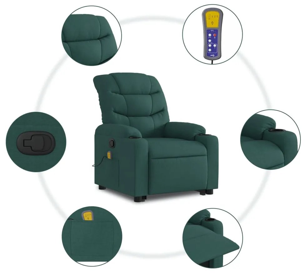 Poltrona reclinável elevatória de massagens tecido verde-escuro